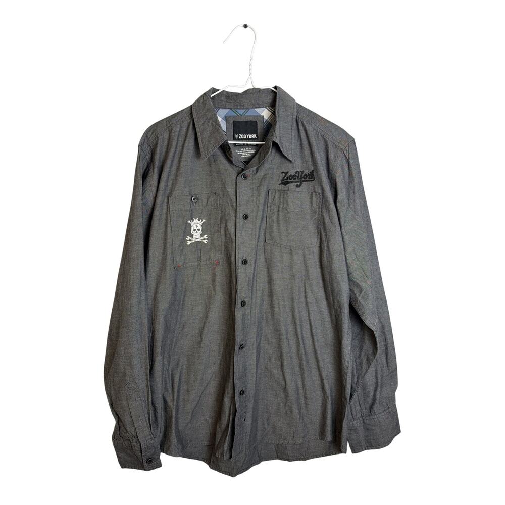 Zoo York Men's Large Grey Button Down Shirt Long Sleeve Unbreakable Graphic